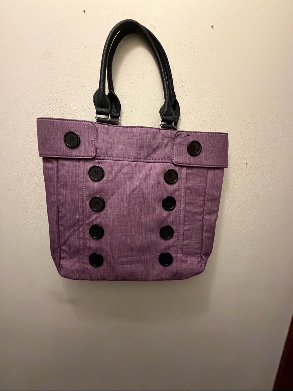 Purple Button-Accent Tote Bag with Black Handles